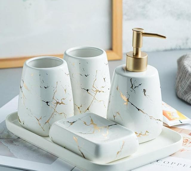 YYW Ceramics Bathroom Sets, 3/4/5 Pieces Modern Luxury Bathroom Accessories Set Marble Pattern Ceramics Bathroom Sets Accessories for Home, Apartment, Dormitory (Bright White 5-Piece Bathroom Set)