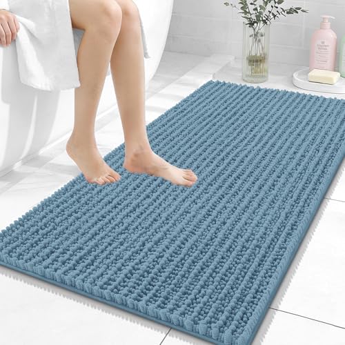 Image of OLANLY Bathroom Rug Mat 44x24, Thick Soft and Absorbent Chenille Bath Mat, Non-Slip Rubber Backing, Machine Washable Quick Dry Bath Rugs for Tub Shower Floor, Home Decor Accessories, Airy Blue