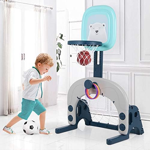 Hello-5ive Kids Basketball Hoop Stand Set, Kids Indoor and Outdoor Toys 3 in 1 Basketball Set Ball Games Adjustable Height, Toy Sports Set with Basketball, Football/Soccer Goal, Ring Toss