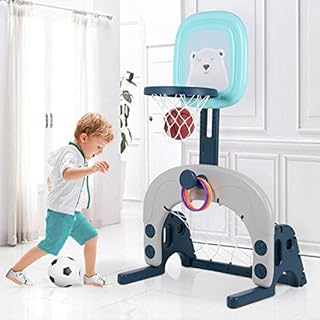 Hello-5ive Kids Basketball Hoop Stand Set, Kids Indoor and Outdoor Toys 3 in 1 Basketball Set Ball Games Adjustable Height, Toy Sports Set with Basketball, Football/Soccer Goal, Ring Toss