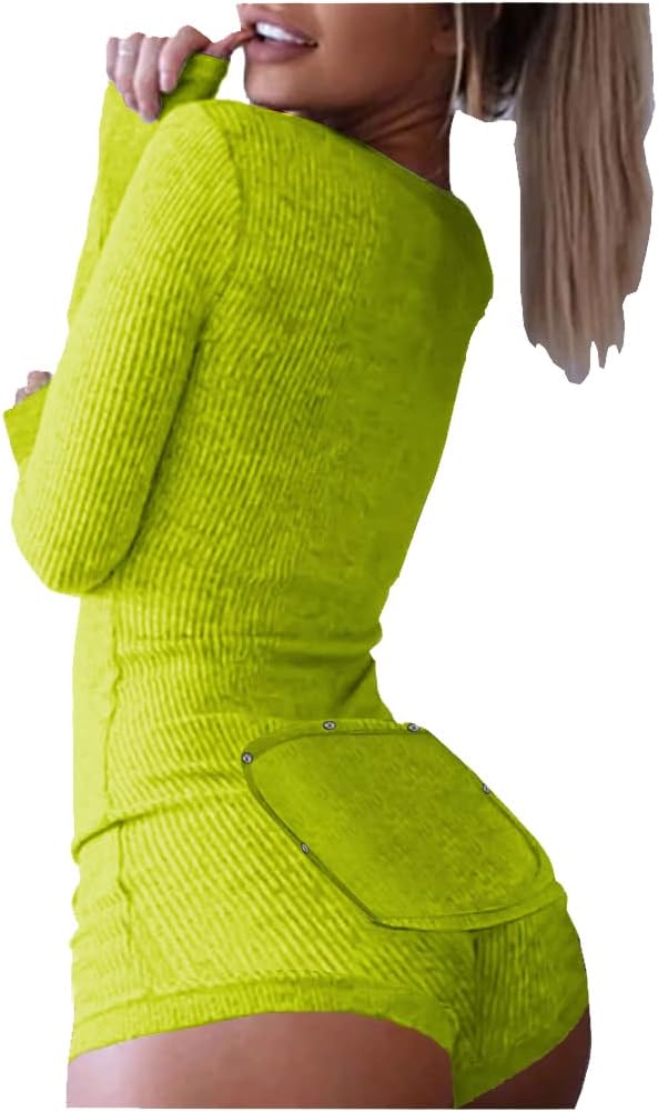 Roselux Women's Sexy Deep V Neck Shorts Long Sleeve Knitted One Piece Bodysuit Sexy Pajama Onesie Bodycon Rompers Overall