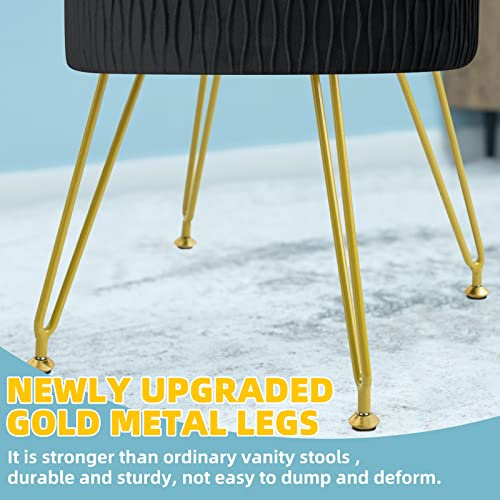 Gerant Velvet Storage Ottoman Vanity Stools - Multifunctional Upholstered Pleated Round Footrest With Golden Metal Legs,Removable Coffee Table Top Cover,Suitable For Living Room,Bedroom(Black) #TOP5