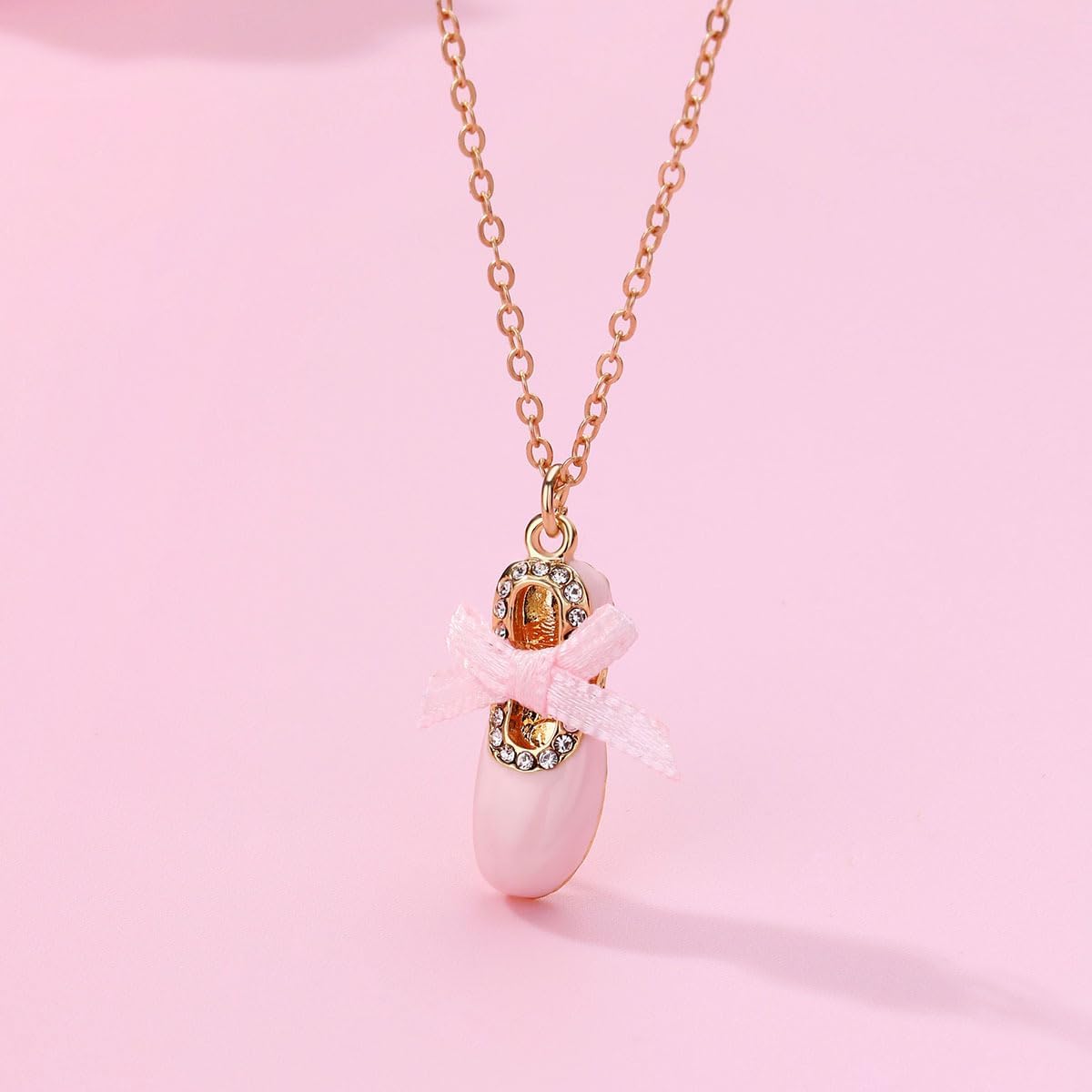 Cute Pink Enamel Ballet Slipper Shoe Bow Pendant Necklace for Women Cubic Zirconia Sweet Ballerina Dancer Charm Adjustable Chain Choker Dance Recital Gifts Jewelry for Daughter Niece Sister Bestie - Image 4