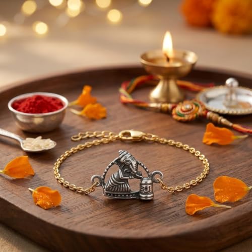 Image of Parnika Pure 925 Sterling Silver Ganesha Rakhi for Brother | Hallmarked Silver Rakhi Bracelet for Bhaiya | Raksha Bandhan Gift