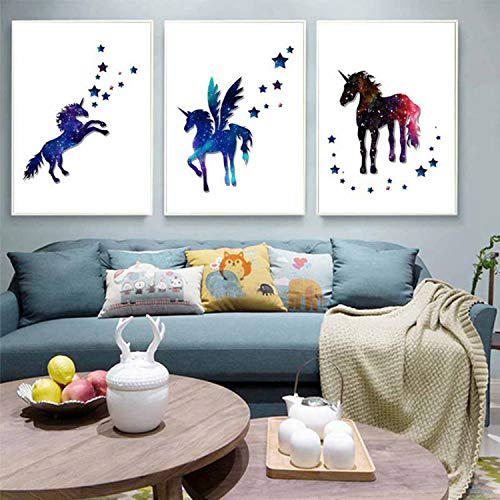 HinchJone Unicorn Decoration Painting Starry Sky Unicorn Wall Art Photos 3 Large Sheets 12x16in,Dreamy Unicorn Canvas Canvas Print Art for Girls Kids Babies Bedroom Wall Decoration
