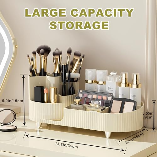 Make up Organizer 360° Drehbar, Großer Bad Kosmetik Organizer mit Aufbewahrungsbox für Schminktisch – Inkl. Makeup Pinsel Reiniger (Beige)
