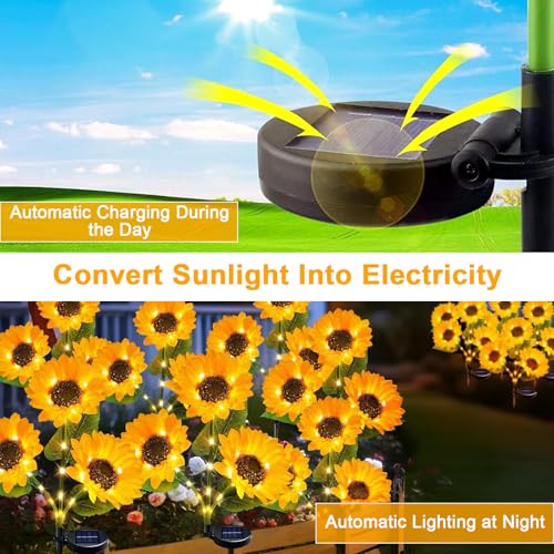 Glaxcidy 2 Luces Solares de Girasol, Lámpara de Estaca con 6 Girasoles, 42 Leds, Impermeables para Jardín Exterior, Luces Solares Decorativas para Patio, Jardín, Navidad e Iluminación de Caminos - imagen 5