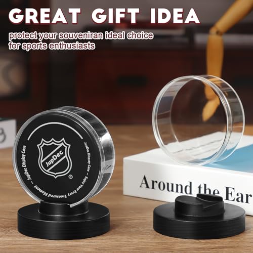 Image of JupDec Hockey Puck Display Case Acrylic Clear Holder with Wood Base, Autograph Souvenir Display Stand, Perfect Showcase for Your Collection, Black, 1 Pack