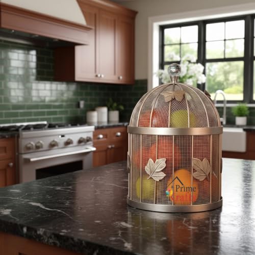 Image of Insect-Resistant Fruit and Vegetables Basket with Lid | Decorative Mesh (Jaali) Fruits and Vegetables Holder for Home and Kitchen - Silver