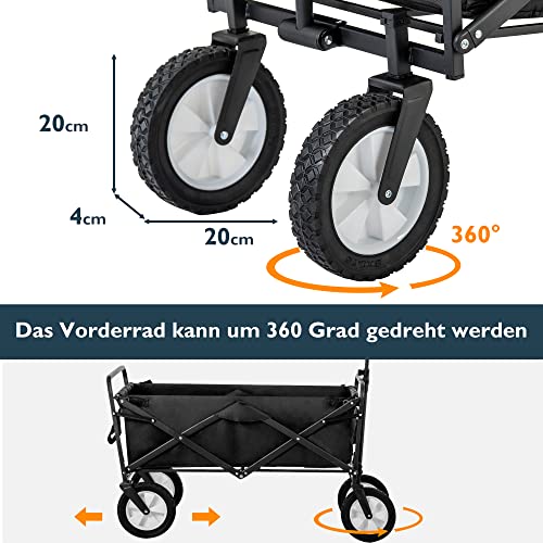 Flieks Faltbarer Bollerwagen klappbar Handwagen, Transportwagen Strandwagen Transportkarre Gartenanhänger Gartenwagen, 360 ° drehbar, belastbar bis 120kg (Schwarz) – Bild 7
