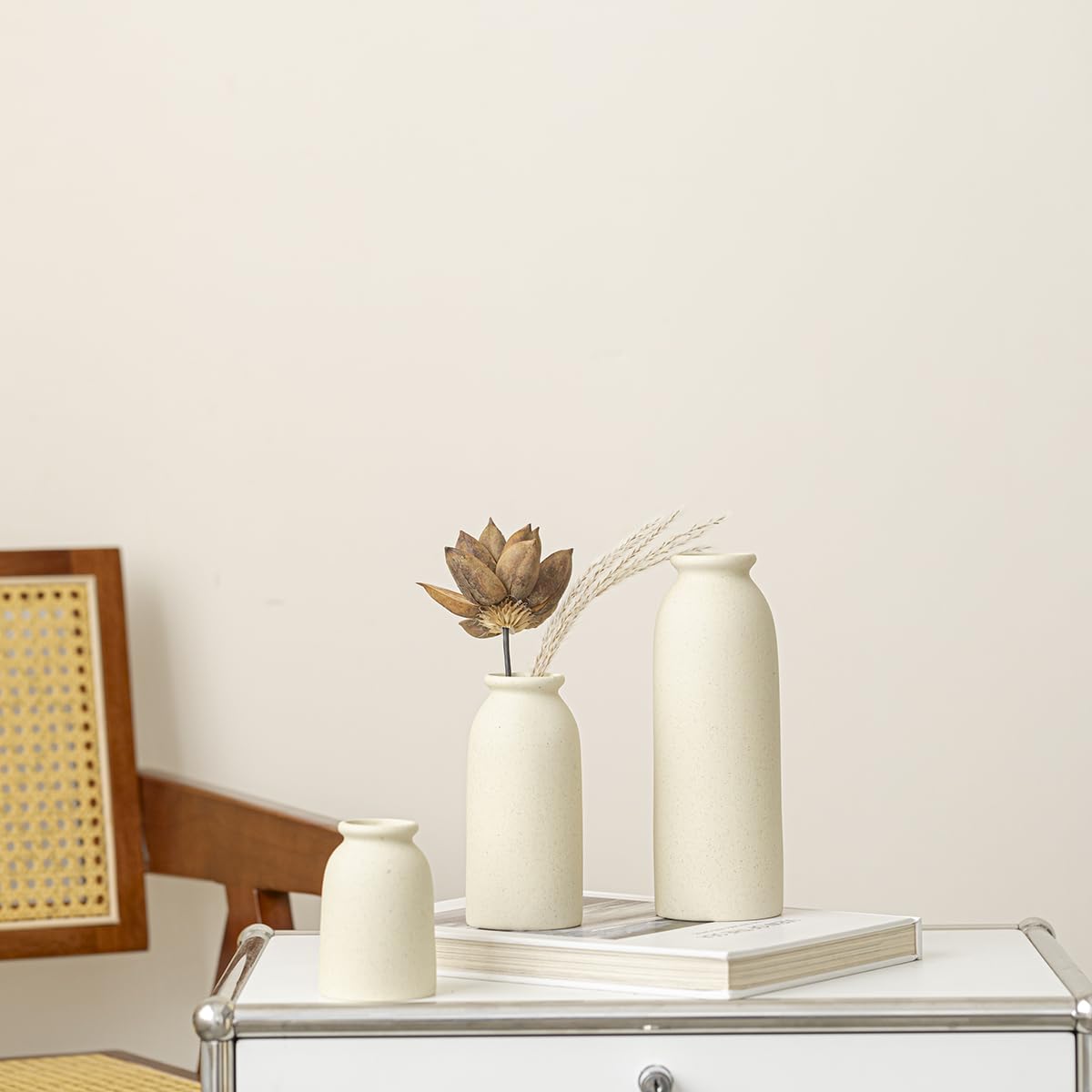 Set di 3 vasi di fiori in ceramica, per decorazioni, arancione, giallo, bianco (Beige Middle Size)