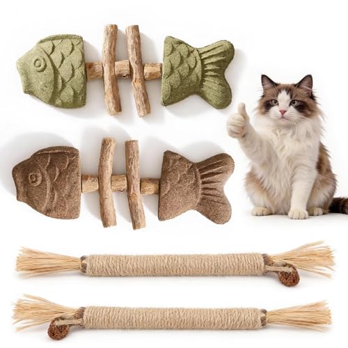 nnOuOnn Catnip and Silvervine Cat Chew Sticks for Dental Health - Natural Wood Teething Toys with 2 Fish Bone & 2 Silvervine Durable Interactive Chews for Cats Teeth Cleaning
