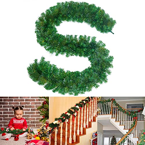 Christmas Green Garland Decorations 9FT Artificial Rattan Decor Holiday Decoration 200 PVC Branch Tips for Xmas Home Window Wall Party Fireplaces Front Door Wedding Indoor Outdoor Ornaments