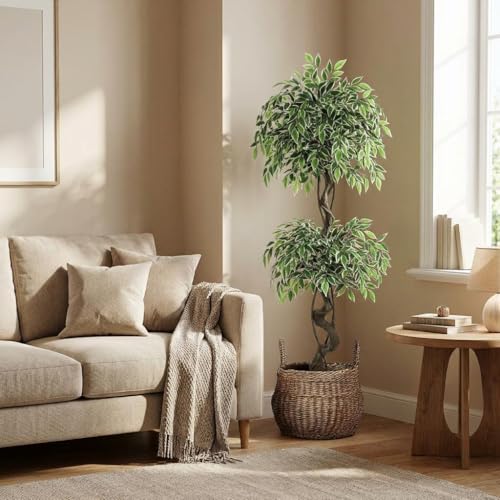 5ft Artificial Ficus Tree, Tall Fake Plants Indoor with White Planter & Pebbles, Realistic Variegated Silk Faux Tree with Natural Wood Trunk, Floor Plant for Living Room Corner, Home Office Decor - image 4