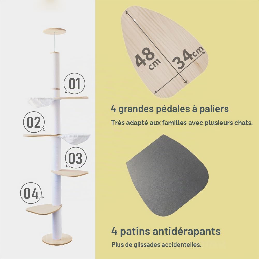 Arbre à Chat à Hauteur de Plafond – Centre d'activités d'escalade pour Chats à 5 étages avec griffoir, 4 Niveaux, 2 hamacs, réglable en Hauteur 190–260 cm, du Sol au Plafond, Peu encombrant et Stable