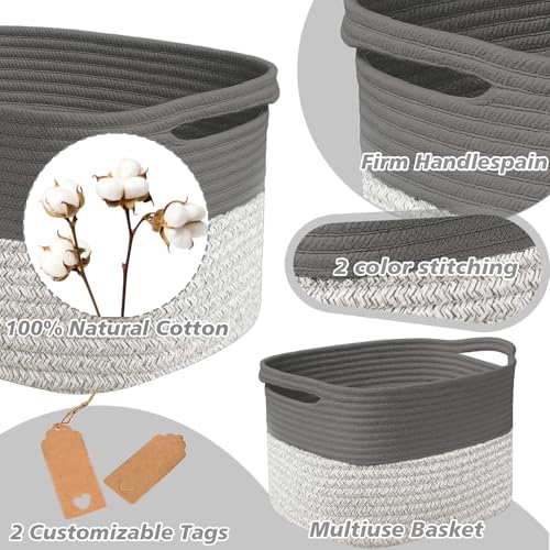 Image of Woven Storage Basket, Cotton Rope Closet Organizers Bins for Clothes Blanket Towels, Stylish Gift Baskets with Handles, 13.4 x 9.3 x 9.5 in, Grey and Dark Gray (Pack of 1)