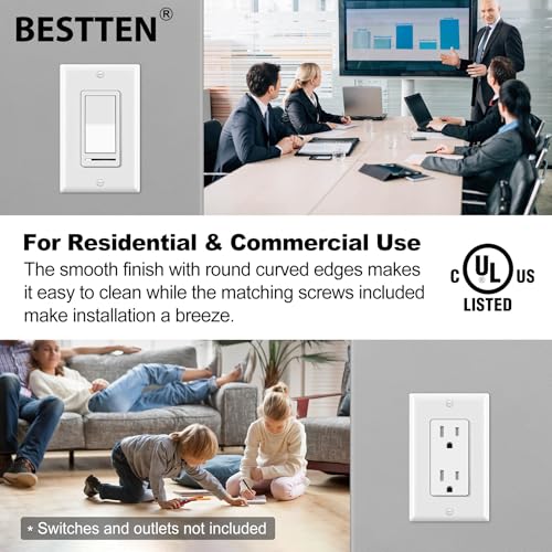 Image of BESTTEN 10 Pack 1-Gang Decorator Wall Plate, Standard Size, H4.53 inch x W2.76 inch, Unbreakable Polycarbonate Outlet and Switch Cover, White, UL Listed