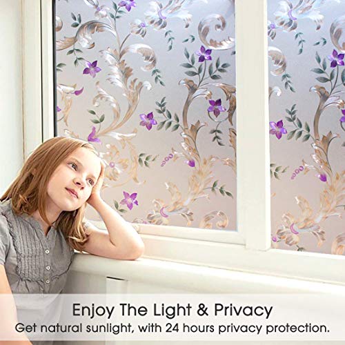 Iris Flower Frosted Non Adhesive Decorative Window Film, Static Cling Glass Film, Removable Privacy Door Film Window Cling, Stained Glass Window Decoration Heat Control & Anti Uv, 17.5X78.5 Inch #TOP3