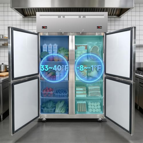 Image of DeepTide 48 inch W Commercial Refrigerator and Freezer Combo, Dual Temperature Zones Freezers /Refrigerator with Four-Door: 32Cu.Ft Stainless Steel Storage, Automatic Defrosting