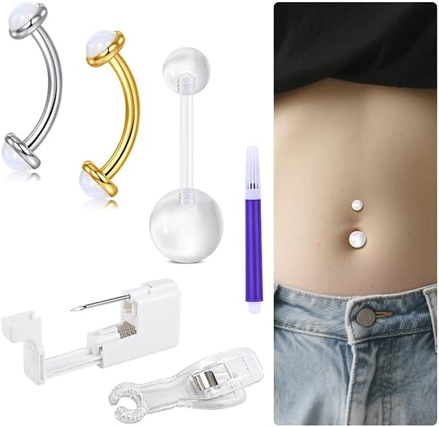 QWALIT Titanium Belly Button Piercing Kit Silver Belly Button Piercings Kits Self Belly Piercing Gun with Surgical Steel Implant Grade Titanium Belly Rings Floating at Home Hypoallergenic Navel Rings