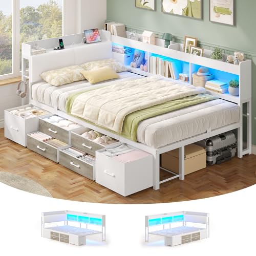 AOGLLATI Canapé Lit 90x190 avec Rangement,Lit Coffre 90x190 avec Multiprise et Éclairage LED,Lit Enfant avec Tête de Lits Rembourrée,6 Compartiments & 6 Tiroirs,Lit Une Place avec Sommier en Métal