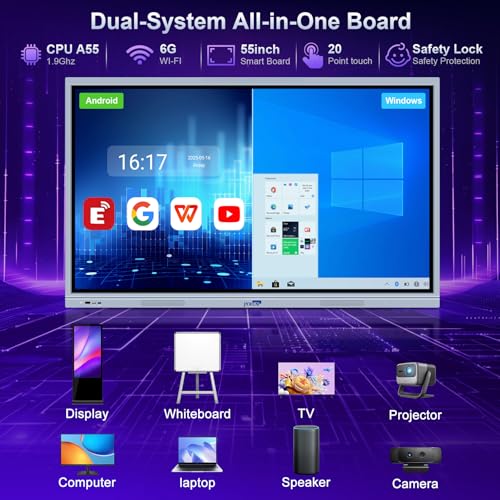 Image of 55 inch 4K Interactive Whiteboard, Dual OS Windows 11 /Android 11 Smart Board with 20-Point Touch & Wi-Fi 6, Wireless Collaboration Hub for Classroom Office Home (Board Only)