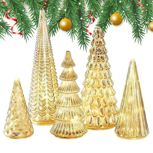Árboles de Navidad iluminados – juego de 10 pulgadas | Decoraciones LED plateadas - Juego de 5 árboles de Navidad de 30 cm mejorados 2026 con luces LED y figuras navideñas, perfecto para decoración de