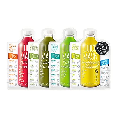 Ariul Natural Juice Mask Bundle - Pack of 4 Fruit and Vegetable Face Masks, Sheet Masks with 100% Natural Botanical Ingredients, Hydrating & Purifying Face Masks for Balanced Skin (Variety Bundle (Pack of 4)