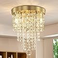 TISLYCO Mini Gold Crystal Chandelier, 3 Light Modern Flush Mount Ceiling Light Fixture, Raindrop Crystal Ceiling lamp Beaded Crystal Pendant Lighting for Hallway, Bedroom, Living Room, Dining Room