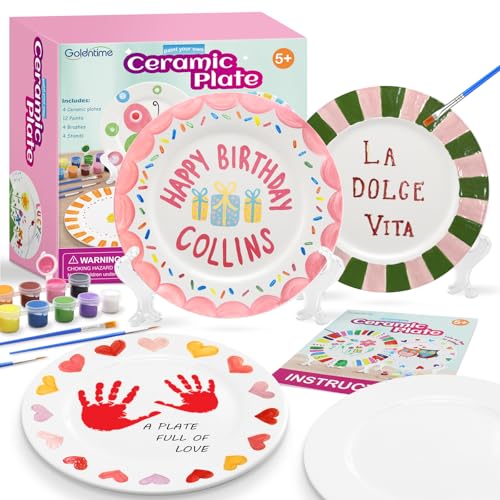 Goldentime Ceramic Painting Kit for Kids & Adults Includes 4 Ceramic Plates 12 Paints 4 Brushes & 4 Stands | Paint Your Own Ceramic Birthday Plates| Unpainted Ceramics for Fathers Day & Christmas