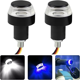 Motorcycle Handlebar End LED Lights, Handlebar Indicator Turn Signal Light, 12V Handle Bar Grip End Plug Side Marker Lamp, Daytime Running Lights for Motorcycles, E-Bikes (White/Blue)