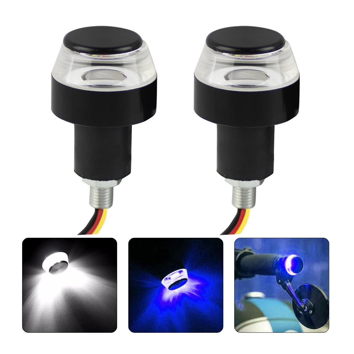 AICEL Motorcycle Handlebar End LED Lights, Handlebar Indicator Turn Signal Light, 12V Handle Bar Grip End Plug Side Marker Lamp, Daytime Running Lights for Motorcycles, E-Bikes (White/Blue)