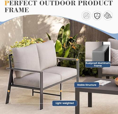 Image of Outdoor Loveseat with Coffee Table Small Furniture Aluminum Patio Love Seat Couch Outdoor Chairs with 4 inch Cushion Loveseats Sofa for Poolside,Balcony,Deck,Yard