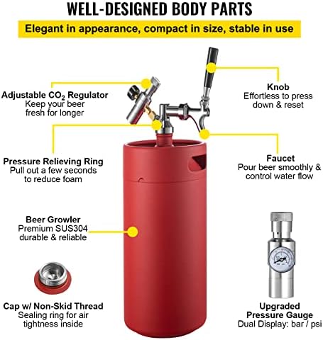 VEVOR Beer Growler Tap System, 135Oz Mini Keg, 4L Pressurized Beer Growler, 304 Stainless Steel Mini Keg Growler, Comes with Dual Pressure Display CO2 Regulator Faucet 20" Beer Hose Relief Ring, Red