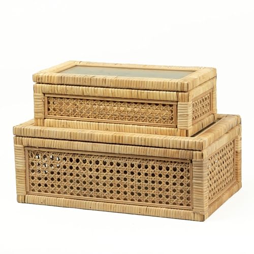 BOMINGHOME Rattan Display Box for Home Decor with Lid - Rectangular Coastal Bohemian Style Stackable Decorative Storage Box Set - Handmade from Natural Rattan Cedar & Real Glass