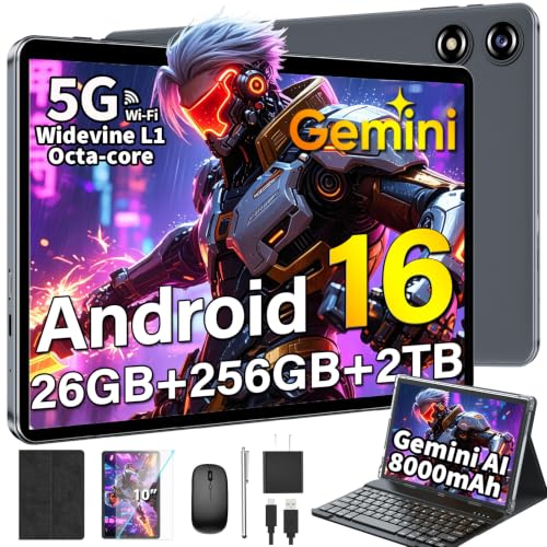 Image of Android Tablet with Keyboard, Android 16 Tablet with 26GB+256GB+2TB Expand, Gemini AI, 10 inch Tablet with 8-Core, 5G WiFi, 8000mAh, GPS, Electronic 2 in 1 Tablet PC with Case, Mouse, Stylus (Black)