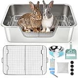 Rypet Large Rabbit Litter Box, Bunny Litter Box High Side with 304 Stainless Steel Sifting Tray, Metal Small Animal Litter Pan with Pet Food Bowl and Water Bottle, Non-Slip Easy to Clean Odor Control