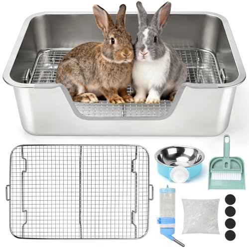 Rypet Large Rabbit Litter Box, Bunny Litter Box High Side with 304 Stainless Steel Sifting Tray, Metal Small Animal Litter Pan with Pet Food Bowl and Water Bottle, Non-Slip Easy to Clean Odor Control