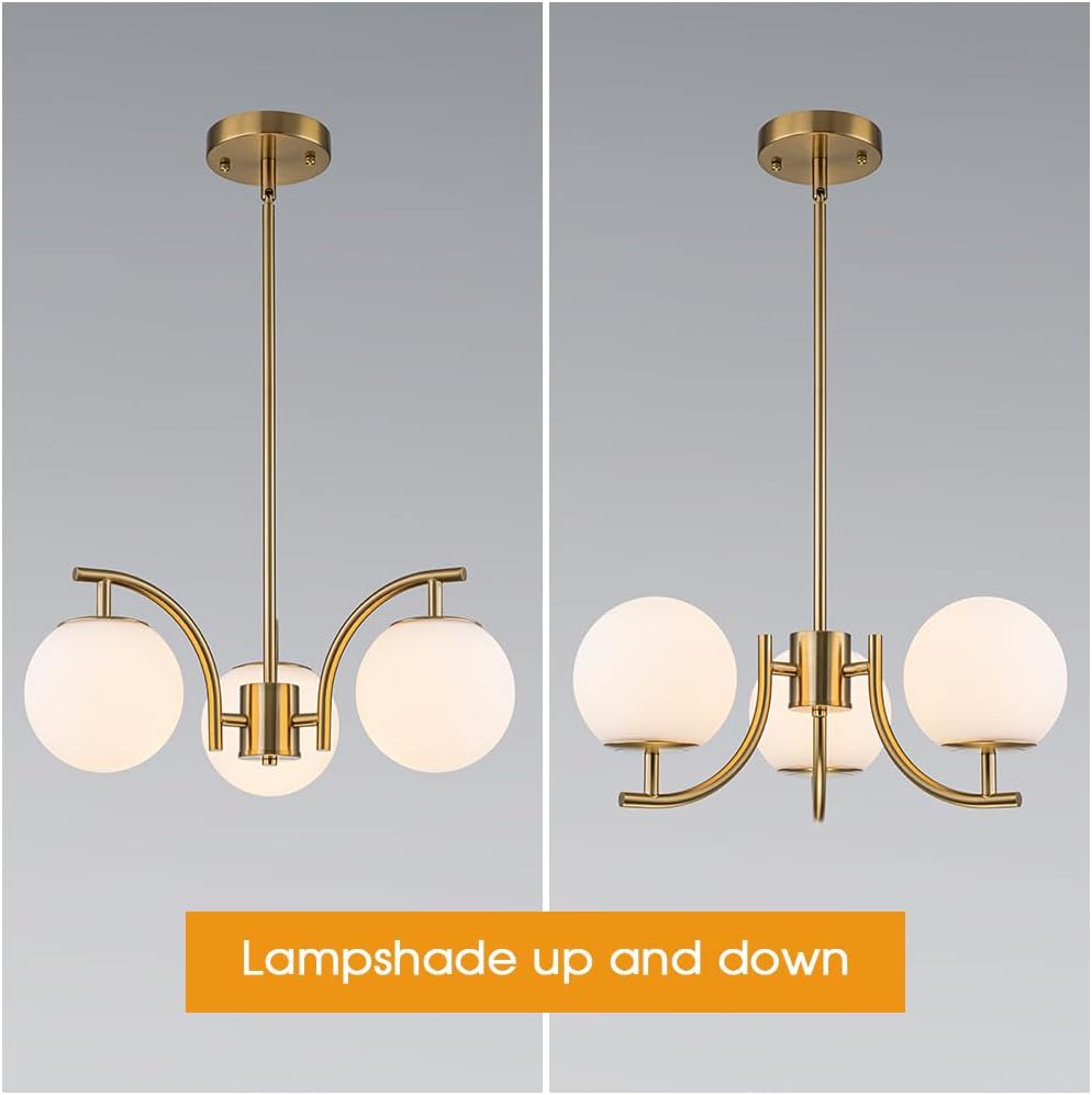 Gold Sputnik Chandelier 3 Light Milk Glass Globe Hanging Light Modern Pendant Light Fixture for High Ceiling Kitchen Bedroom Dining Living Room
