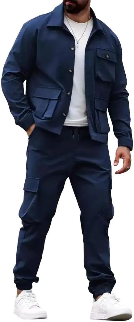 Men's Cargo Jacket Pants Set Multi Pocket Outdoor Suit Long Sleeve Button Up Jacket Elastic Waist Trousers