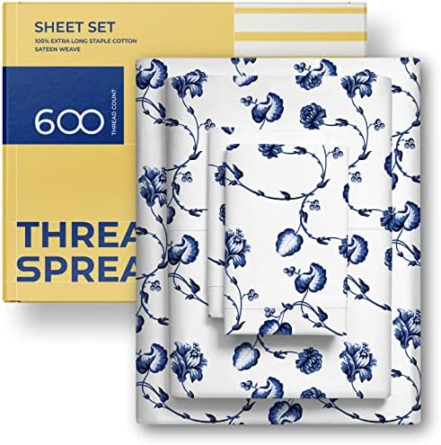 THREAD SPREAD 100% Cotton Printed Bed Sheets - Floral Blue Twin Printed Sheet Set - Hotel Luxury Sateen Weave Bedsheets - Deep Pockets - Breathable & Cooling Sheets for Twins Size Bed