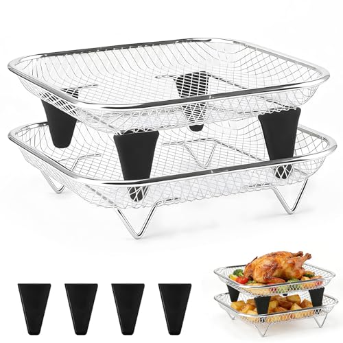 Gitter Stapelbar für Airfryer Zubehör Heißluftfritteuse Zubehör Eckig Grillrost Edelstahl 18cm Einsatz für 4L-6.5L Heissluftfritteuse Frittierkorb mit Silikonfüßen für Ninja/COSORI/Philips (Eckig)