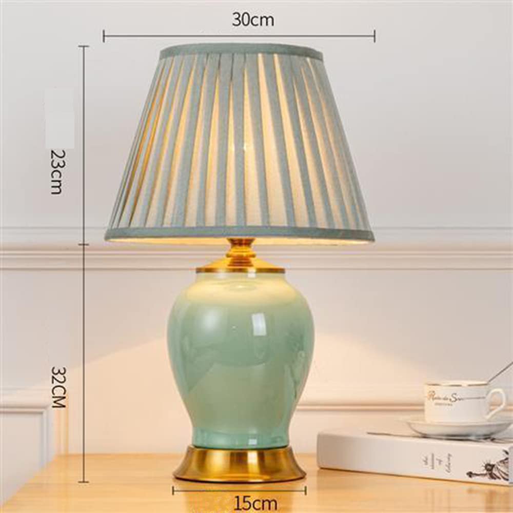 Mengjay Lámpara de Mesa Cerámica Elegante con Base de Porcelana Verde y Pantalla de Tela Blanca Casquillo E27 para Dormitorio Mesita de Noche Salón