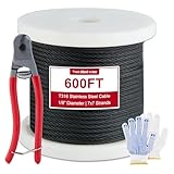 Stainless Steel Black Cable for Railing, 600FT 1/8in T316 Wire Rope for Deck Railings, 7x7 Strands Cable Rail Kits with Cutter for Deck Rail Fence Rigging Marine Outdoor Use