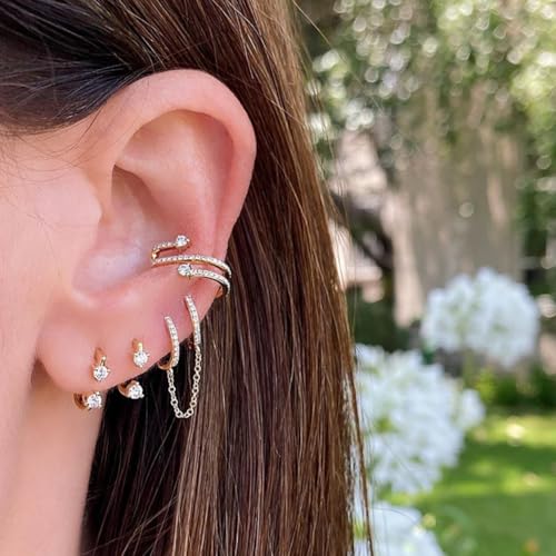 Image of Obidos 14K Gold Plated Illusion Stud Earrings for Women | Triple Huggie Hoop Earrings for One Hole| Trendy Simple Hypoallergenic Fashion Accessories Gold Jewelry Gifts for Womens