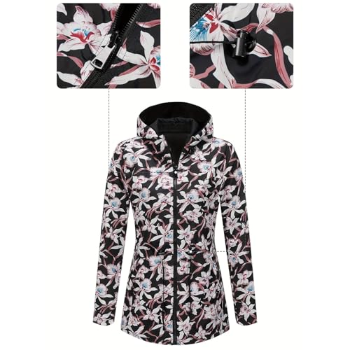 Reversible Rain Jacket Women Lightweight Waterproof Outdoor Raincoat Floral Print Hooded Casual Windbreaker Outerwear3