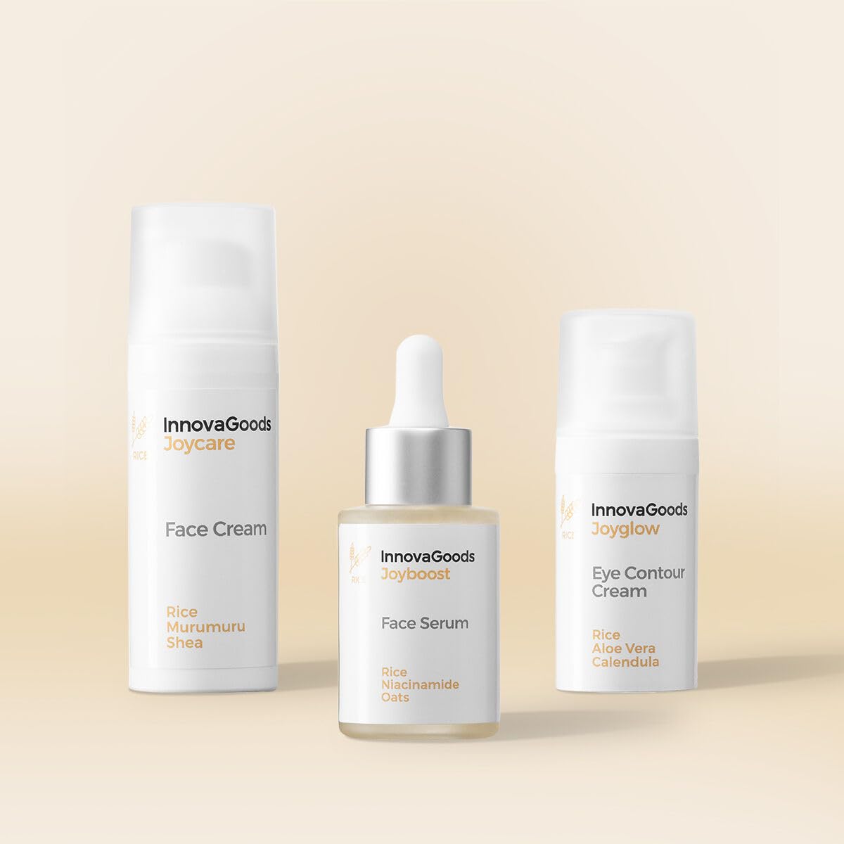 InnovaGoods® Gesichtspflegeset mit Reis, 1 x Gesichtsserum, 1 x Augencreme, 1 x feuchtigkeitsspendende Gesichtscreme verbessert die Elastizität der Haut. Erhellt, nährt und verjüngt alle Hauttypen