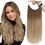 Fshine Wire Hair Extensions Real Human Hair Golden Brown to Dirty Blonde 14 Inch Secret Wire Hair Extensions Full Head Remy Human Hair Transparent Fish Line Clip in Extension Human Hair 70G