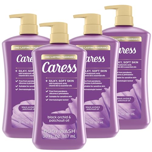 Image of Caress Black Orchid & Patchouli Oil Body Wash with Pump, Hyaluronic Acid & Vitamin B3 for Moisturized, Silky Soft Skin, Long-Lasting Exotic Fragrance, 30 fl oz (4 Pack)