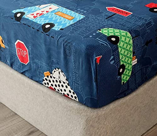 Image of Bedding Fitted Sheet with Deep Pocket, Thicken Printed Microfiber Fabric Bed Sheets (Navy Blue(Cars), Full)